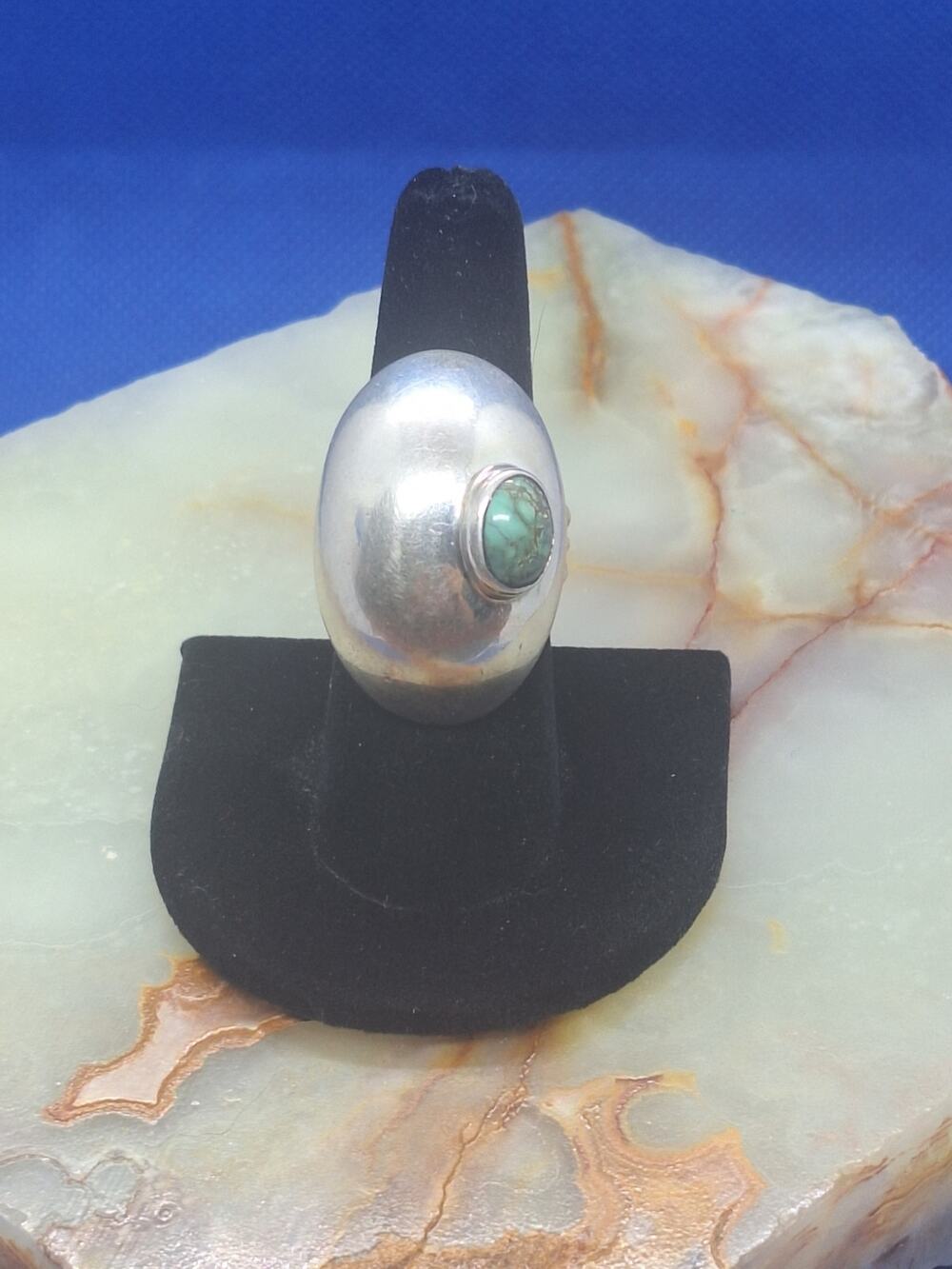 Orville Tsinnie Sterling Silver Turquoise Shadowbox Ring Navajo Size 8.25